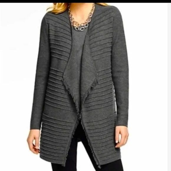 (NWT) Talbots Merino Wool Petite Grey Fringe Open Cardigan Sweater Long Tunic - Picture 2 of 15